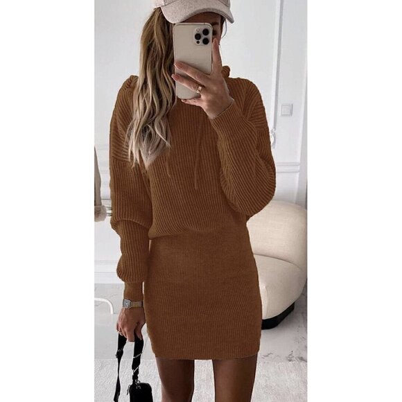 Pretty Garden Carmel Dress Sweater Women’s Size Medium Knit Body Con Hooded Knit - Picture 1 of 5